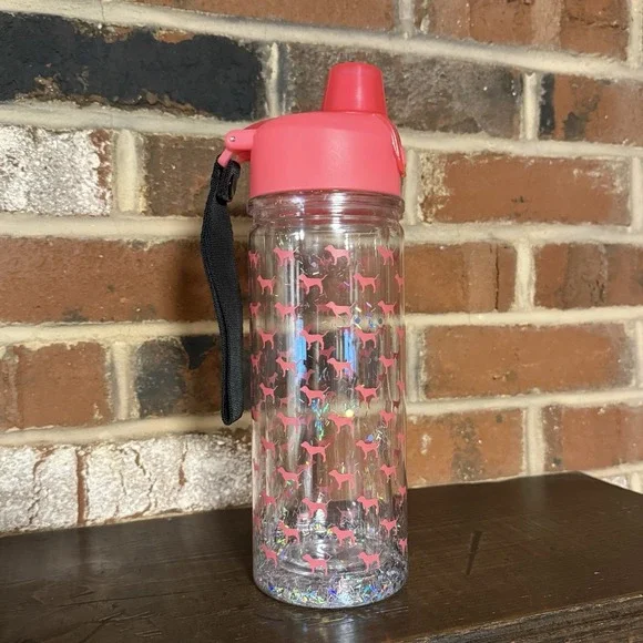 Victoria's Secret Pink Collegiate Water Bottle Glitter Pink Dog Flip top spout - Picture 1 of 6